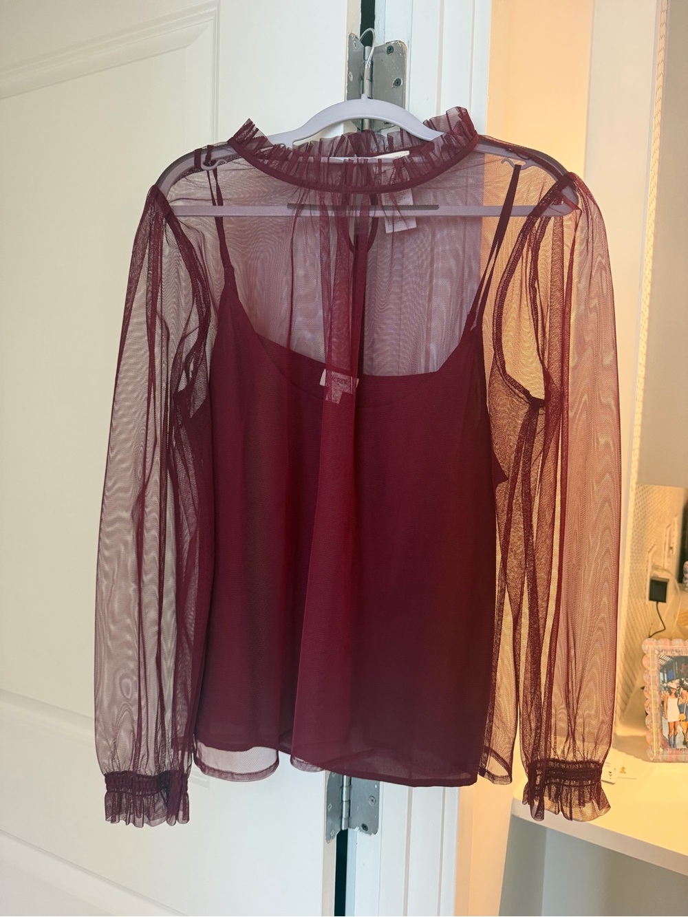 J. Crew Burgundy Tulle ruffleneck top